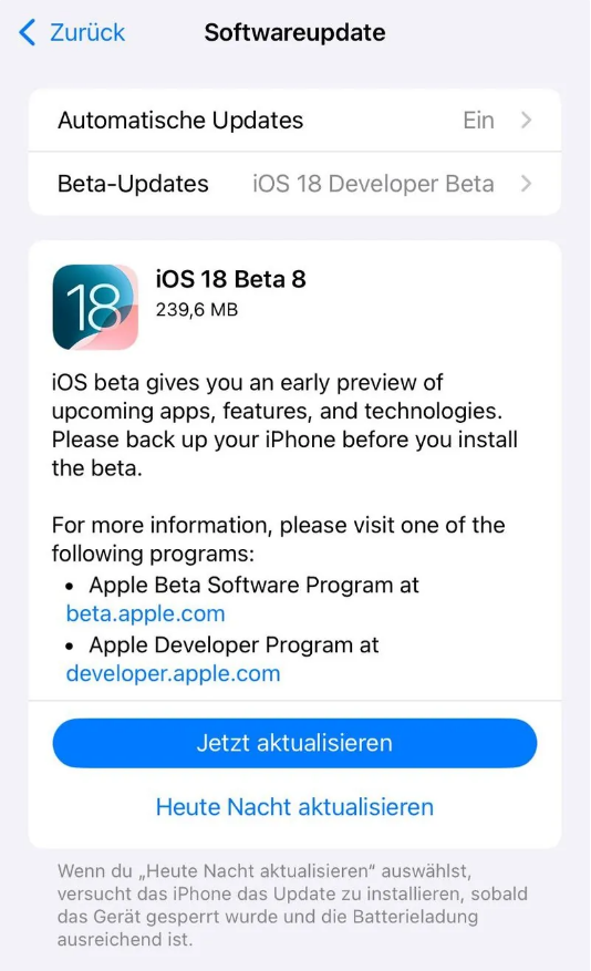 固始苹果手机维修分享苹果 iOS / iPadOS 18 开发者预览版 Beta 8 发布 